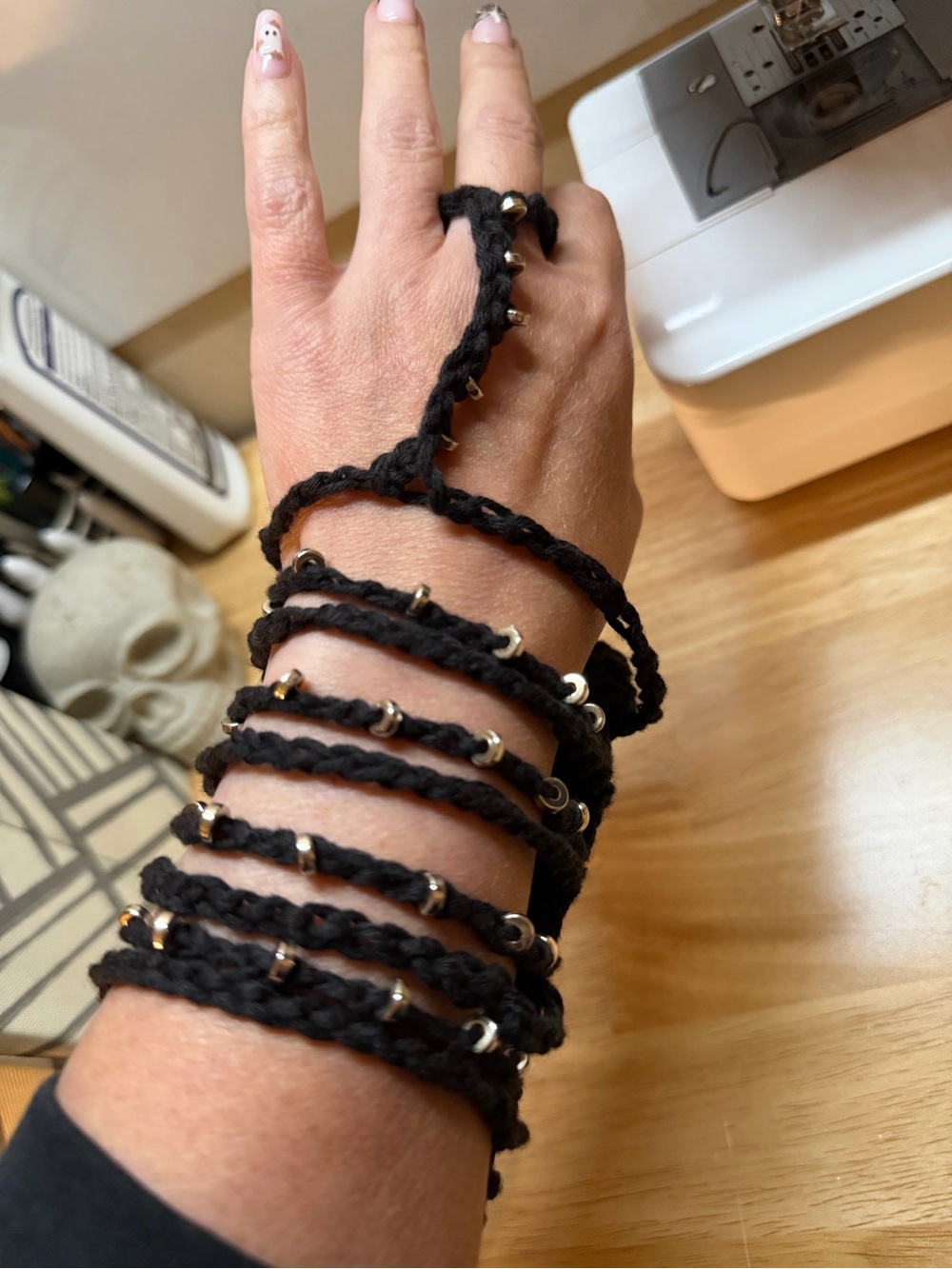 Black crocheted Wrist wallet with Silver Beads - Women Accessories